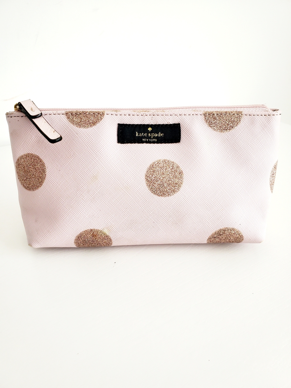 kate spade Pale Pink Cosmetic Pouch with Gold Glitter Polka Dots
